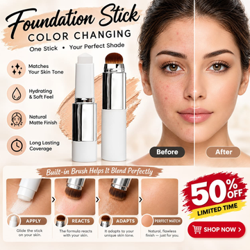 Color Changing Foundation Stick – Built-in Brush, Auto-Adapting Shade for Flawless Coverage, Hydrating & Long-Lasting Matte Finish