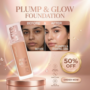 Maybelline Plump & Glow Foundation | 2% Niacinamide + Hyaluronic Acid, SPF 15, Dewy Finish & Instant Plumping Coverage