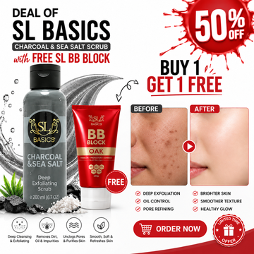 SL Basics Charcoal & Sea Salt Cleansing Scrub with Free SL BB - Buy 1 Get 1 FREE – Deep Exfoliation, Oil Control & Pore Refining – Removes Dirt, Oil & Impurities – Unclogs Pores & Purifies Skin – FREE SL BB Block OAK Included